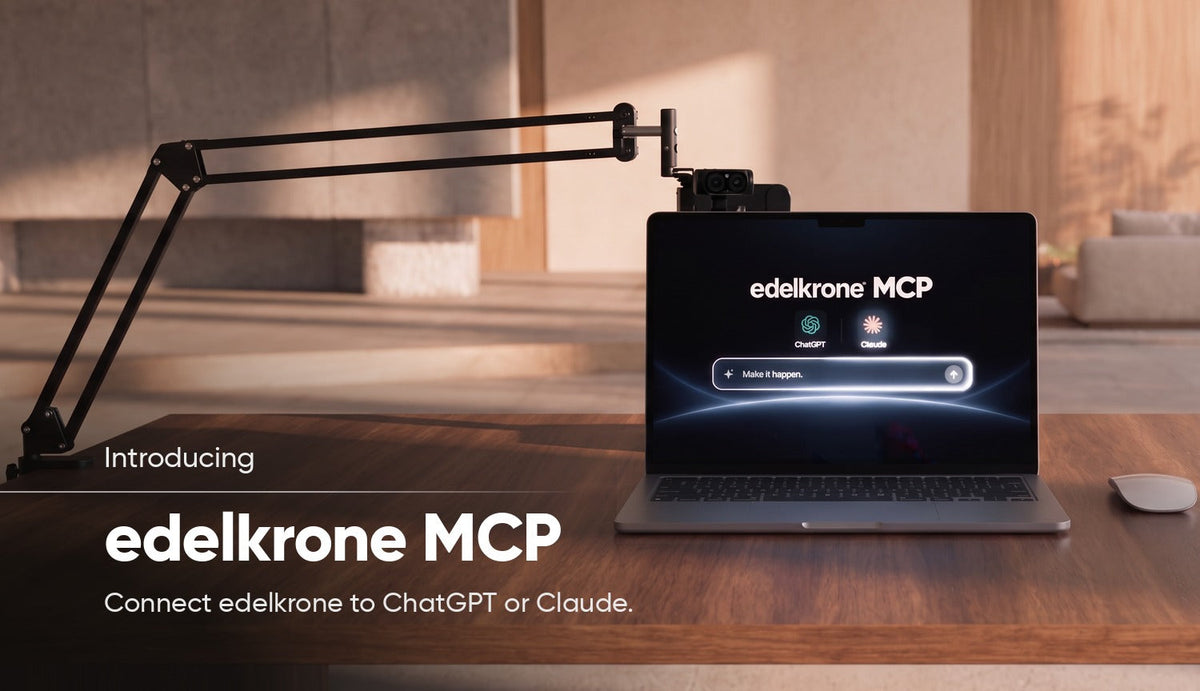 edelkrone MCP open on a laptop next to edelkrone motion control gear