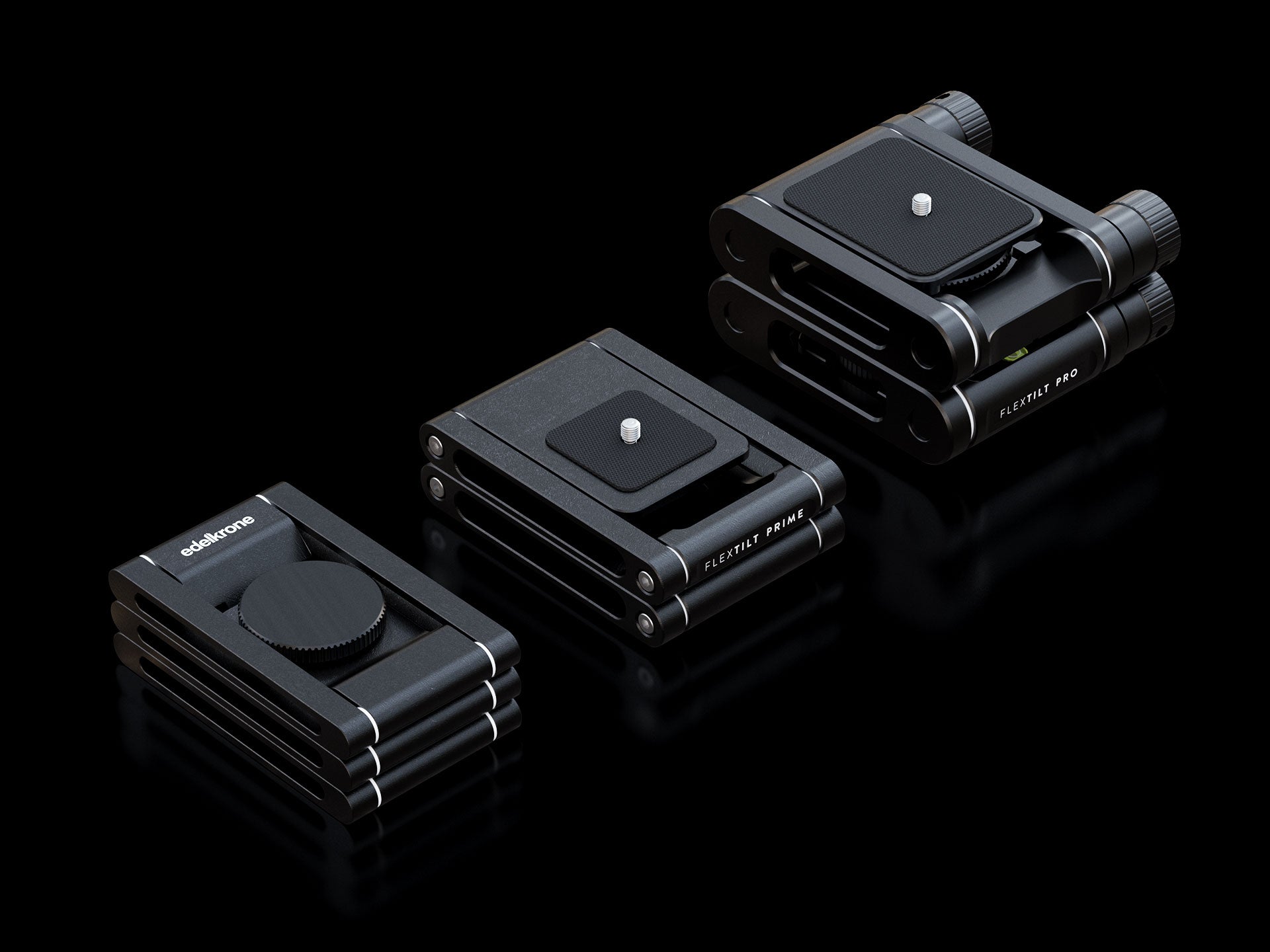 edelkrone FlexTILT MAX, PRIME, and PRO folded product comparison image